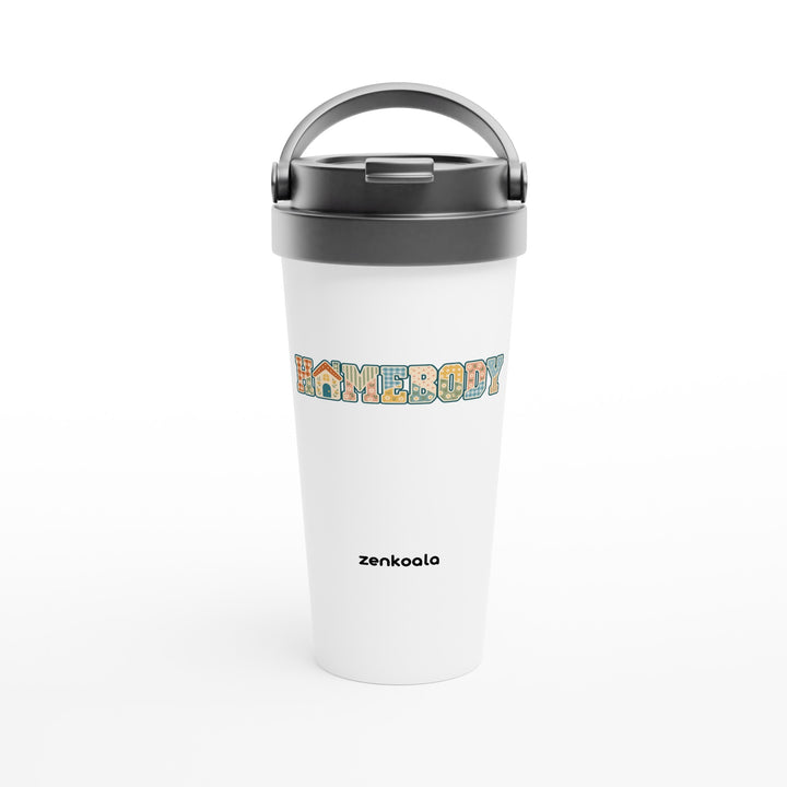 Homebody Faux Patchwork feel-good travel mug: cosy faux patchwork letters with a little house, Zen Koala Australia