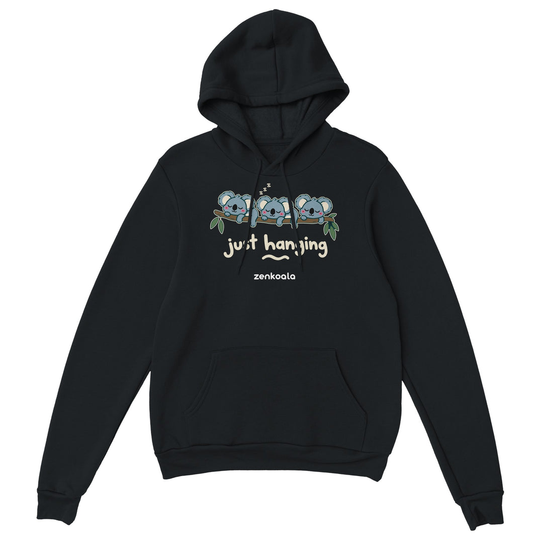 Just Hanging feel-good hoodie in black, Zen Koala Australia