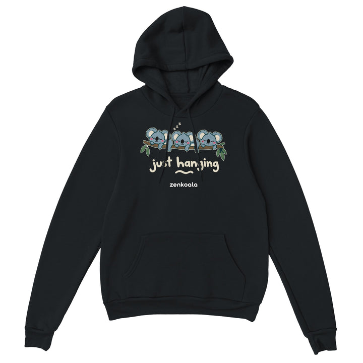 Just Hanging feel-good hoodie in black, Zen Koala Australia