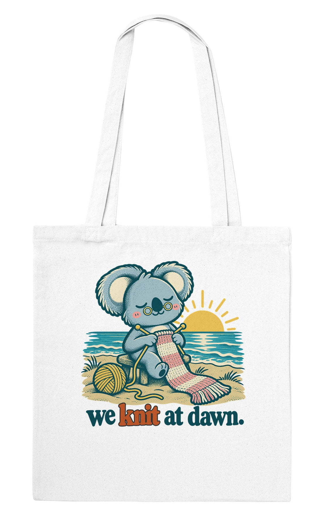 We Knit at Dawn feel-good tote bag in white, Zen Koala Australia