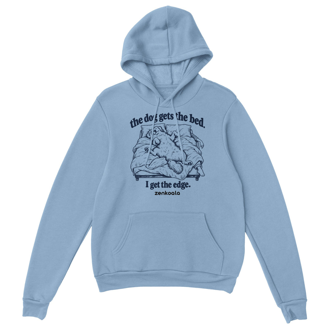 The Dog Gets the Bed feel-good hoodie in light blue, Zen Koala Australia