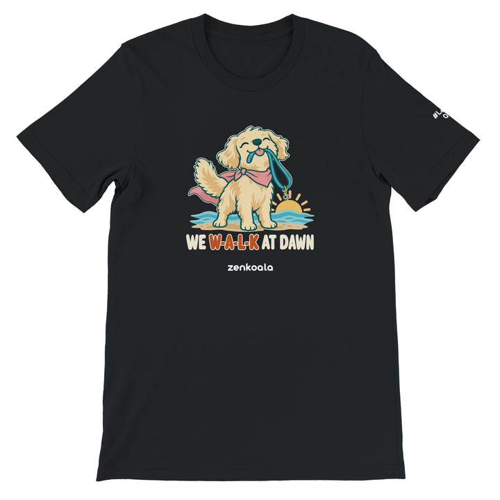 We Walk at Dawn feel-good tee in black: a golden retriever with its lead, Zen Koala Australia