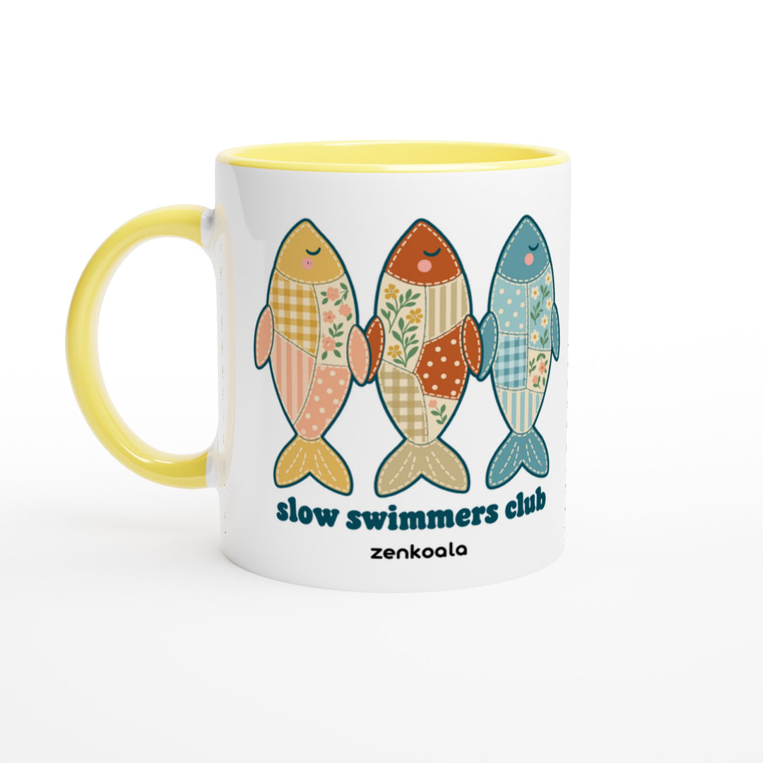 Slow Swimmers Club mug in yellow: white with a yellow rim, inside and handle, Zen Koala Australia