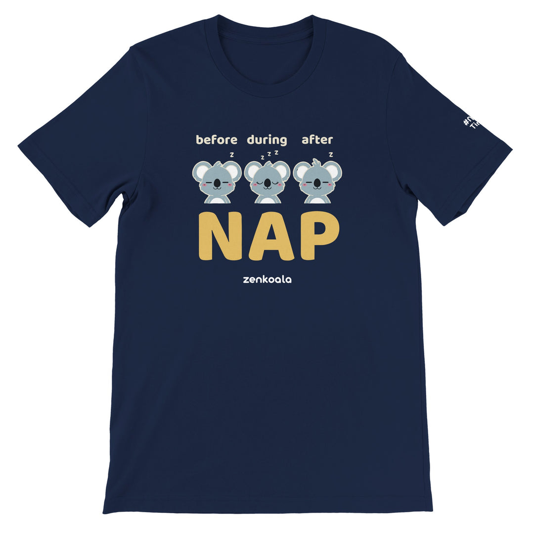 Before Nap Nap After Nap Koala feel-good tee in navy, Zen Koala Australia