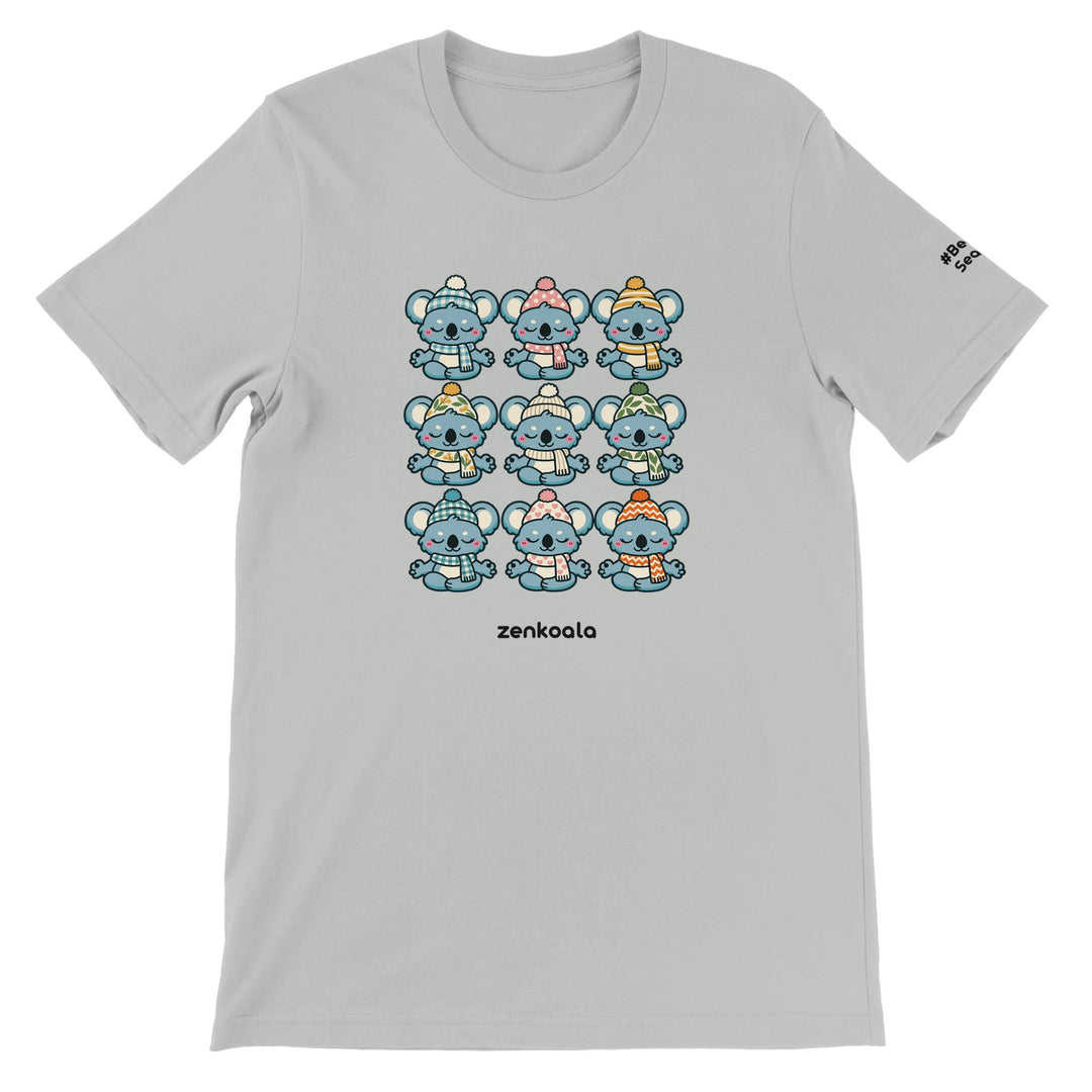 Koala Beanie Club feel-good tee in silver: nine koalas in beanies, Zen Koala Australia