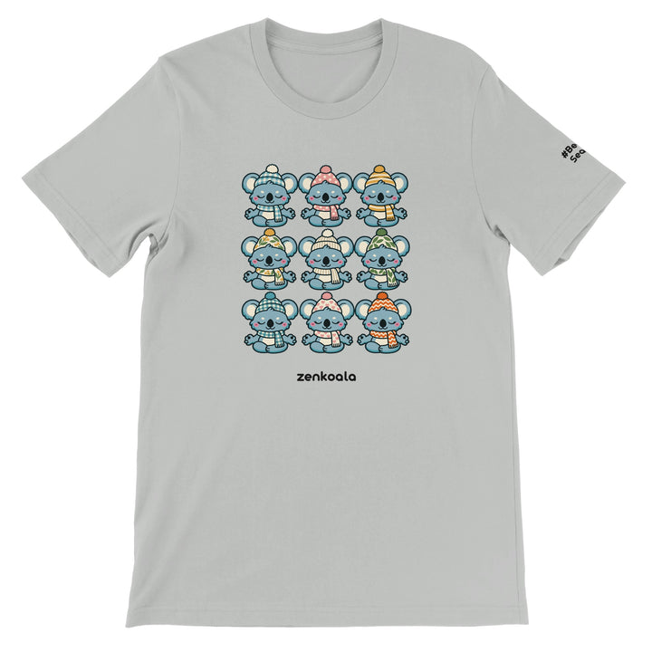 Koala Beanie Club feel-good tee in silver: nine koalas in beanies, Zen Koala Australia