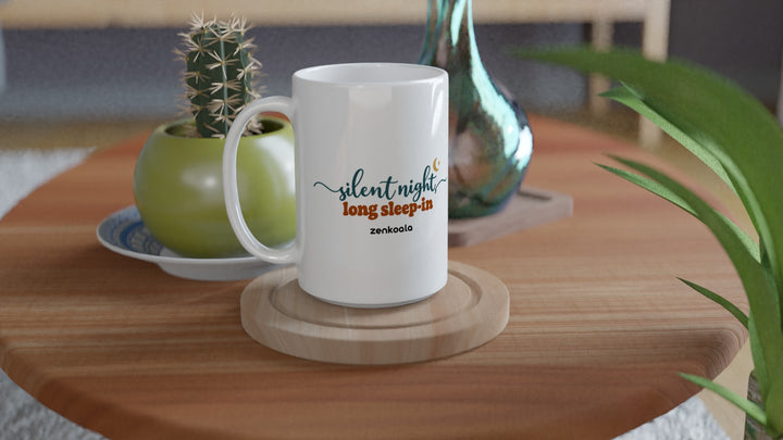 Silent Night Long Sleep-In 15oz mug on a wooden table with a cactus, Zen Koala Australia
