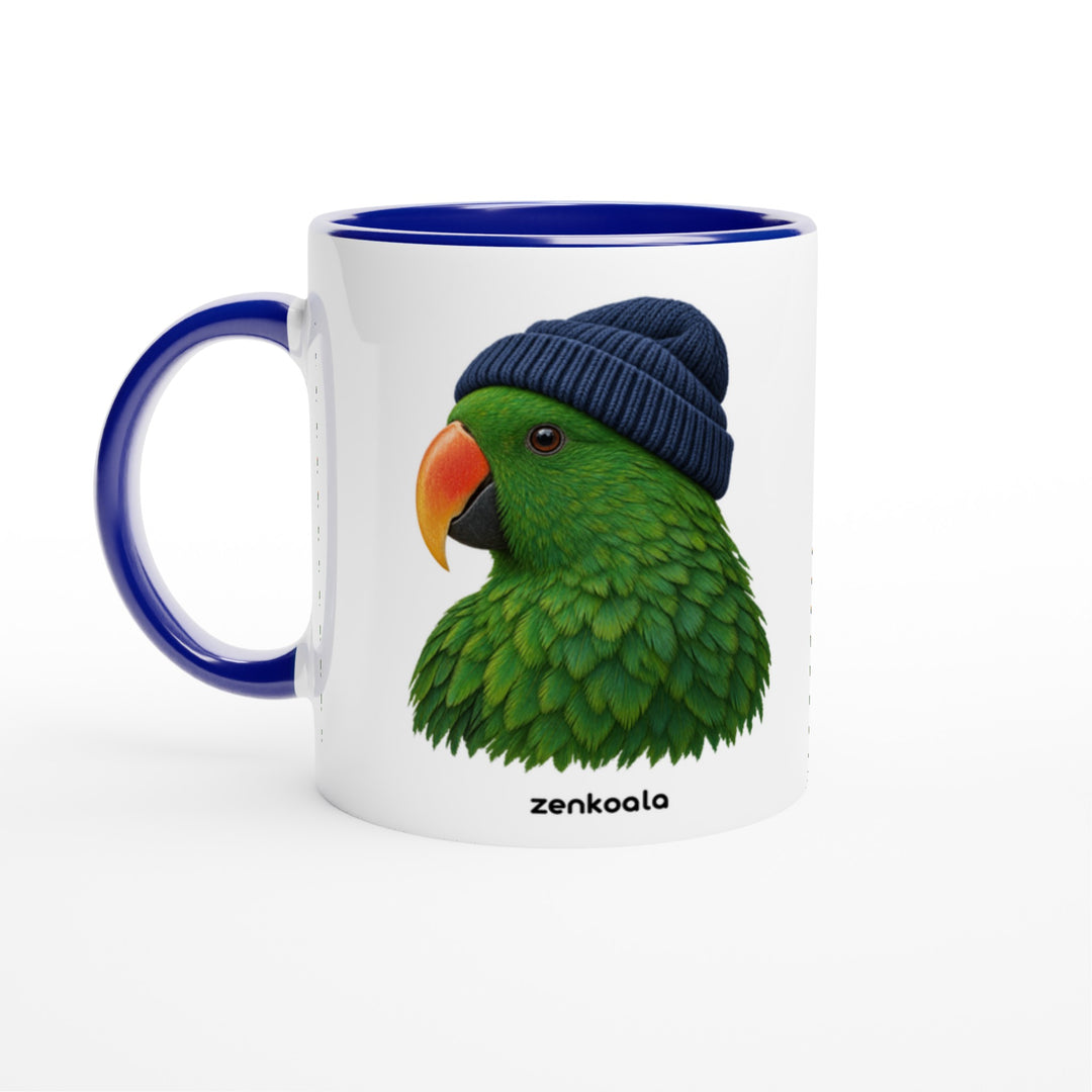 Parrot Beanie mug in blue: white with a blue rim, inside and handle, Zen Koala Australia