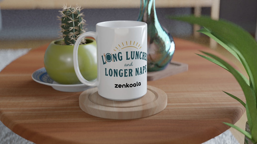 Long Lunches and Longer Naps 15oz mug on a wooden table with a cactus, Zen Koala Australia