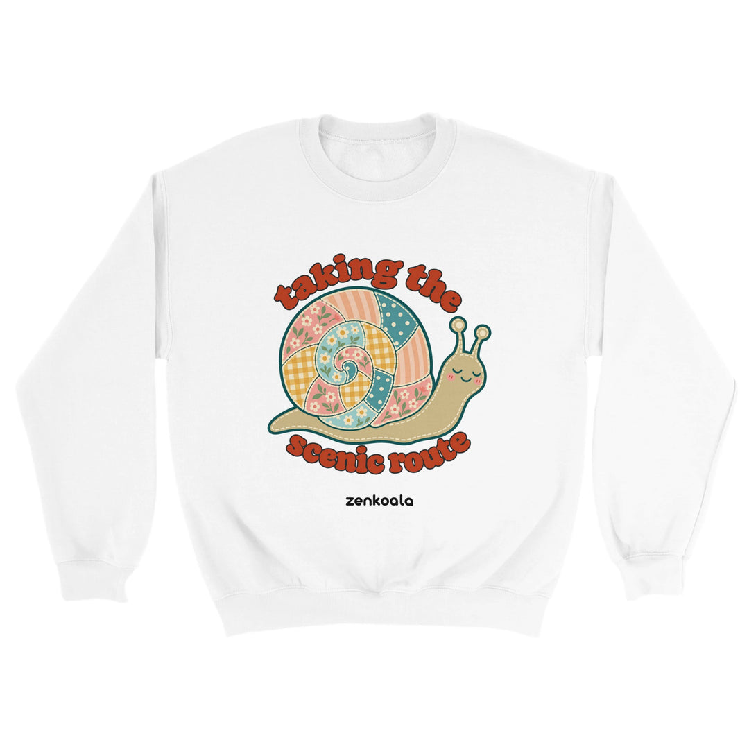 Taking the Scenic Route Snail feel-good sweatshirt in white: a faux patchwork snail, Zen Koala Australia