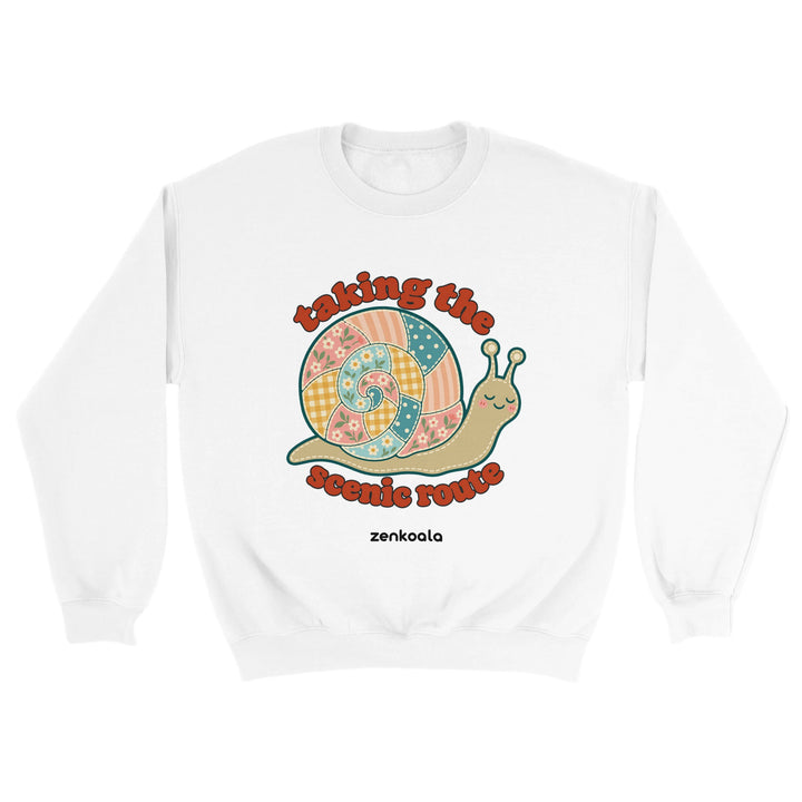 Taking the Scenic Route Snail feel-good sweatshirt in white: a faux patchwork snail, Zen Koala Australia