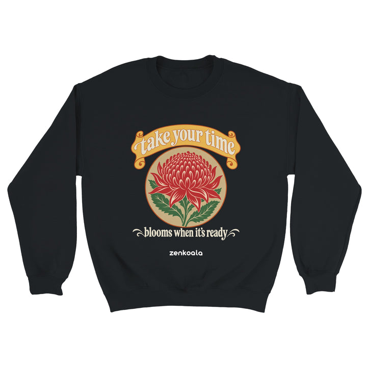 Take Your Time feel-good sweatshirt in black, Zen Koala Australia