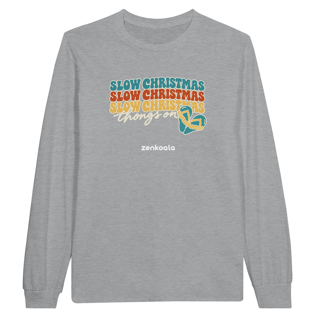 Slow Christmas Thongs On feel-good long sleeve tee in sports grey, Zen Koala Australia
