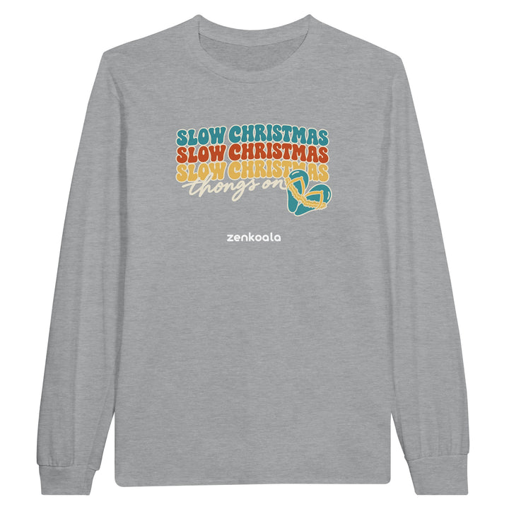 Slow Christmas Thongs On feel-good long sleeve tee in sports grey, Zen Koala Australia
