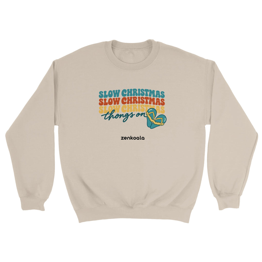 Slow Christmas Thongs On feel-good sweatshirt in sand, Zen Koala Australia