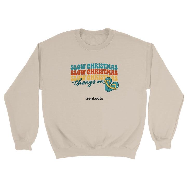 Slow Christmas Thongs On feel-good sweatshirt in sand, Zen Koala Australia