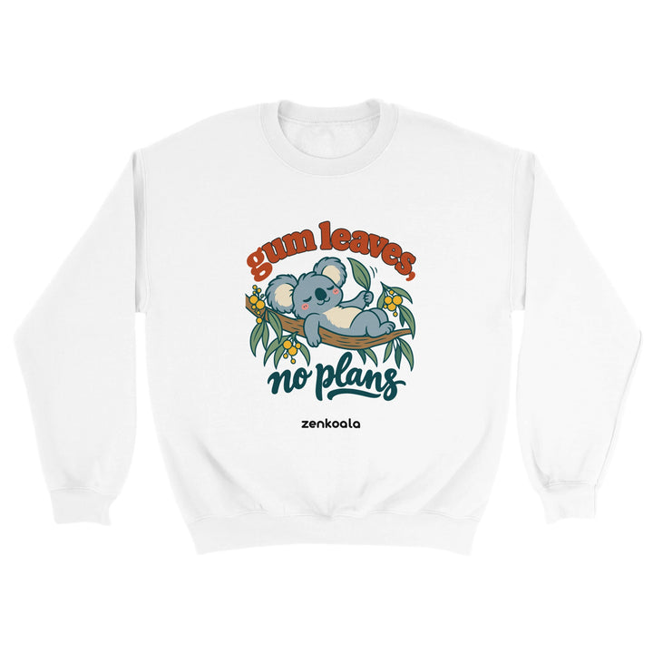 Gum Leaves No Plans feel-good sweatshirt in white, Zen Koala Australia