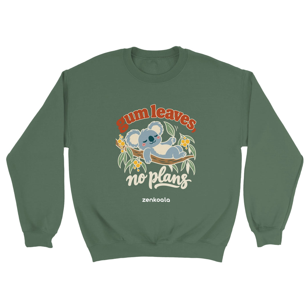 Gum Leaves No Plans feel-good sweatshirt in military green, Zen Koala Australia