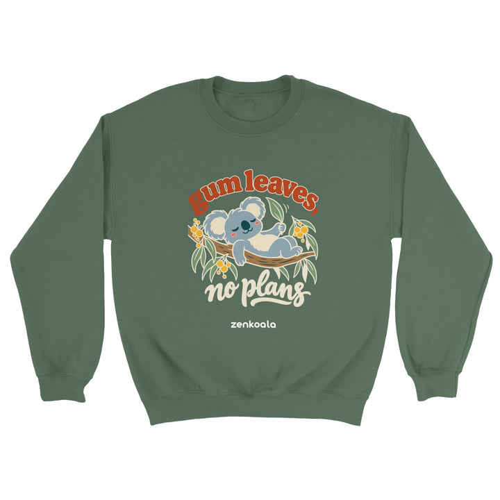 Gum Leaves No Plans feel-good sweatshirt in military green, Zen Koala Australia