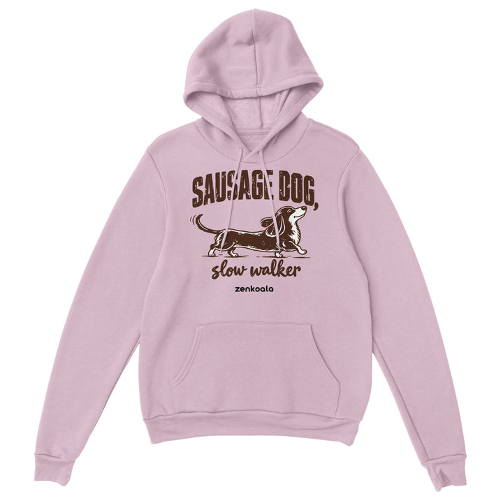 Sausage Dog Slow Walker feel-good hoodie in light pink, Zen Koala Australia