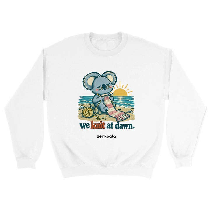 We Knit at Dawn feel-good sweatshirt in white, Zen Koala Australia
