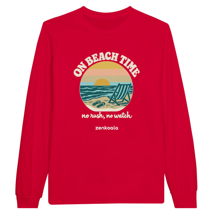 On Beach Time feel-good long sleeve tee in red, Zen Koala Australia