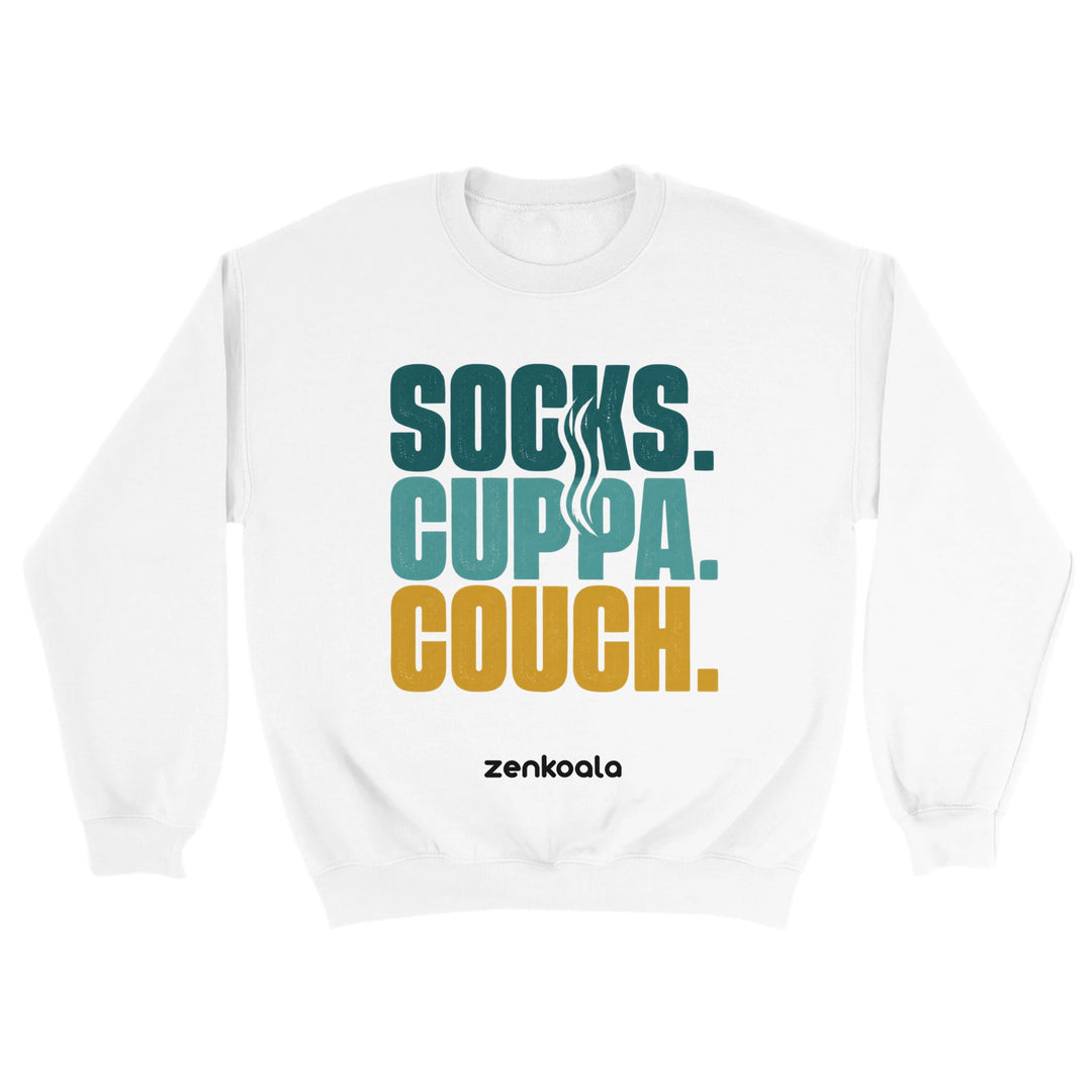 Socks Cuppa Couch feel-good sweatshirt in white — Zen Koala Australia