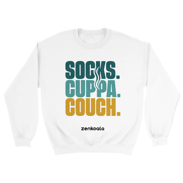 Socks Cuppa Couch feel-good sweatshirt in white — Zen Koala Australia