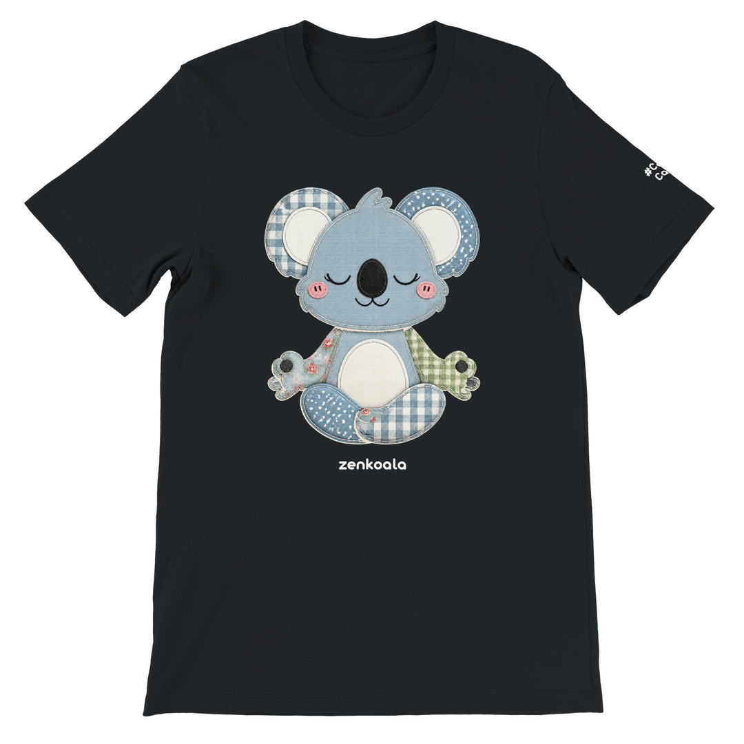 Faux Patchwork Meditating Koala feel-good tee in black, Zen Koala Australia