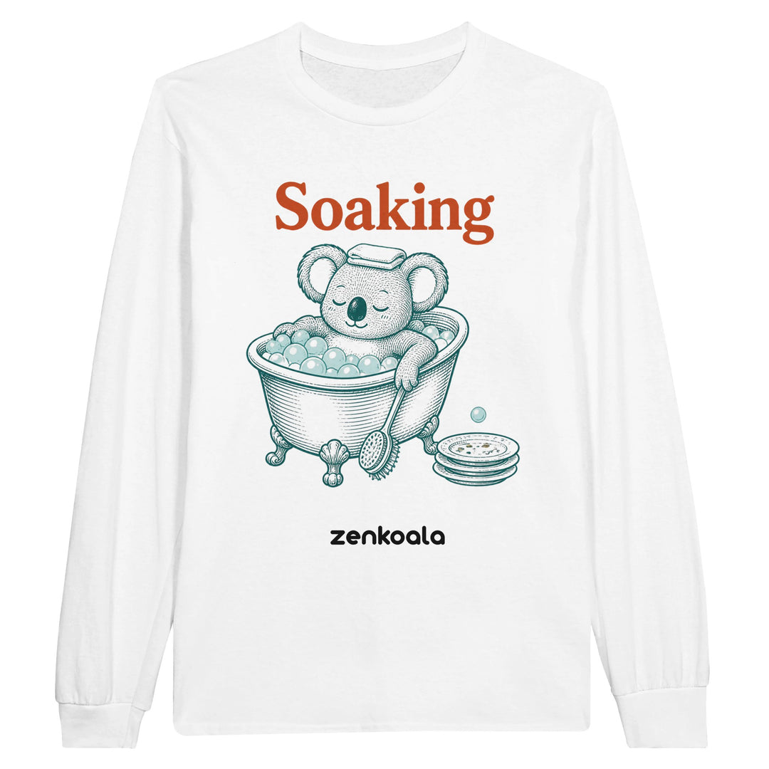 Soaking Koala Bath long sleeve tee in white — Zen Koala Australia