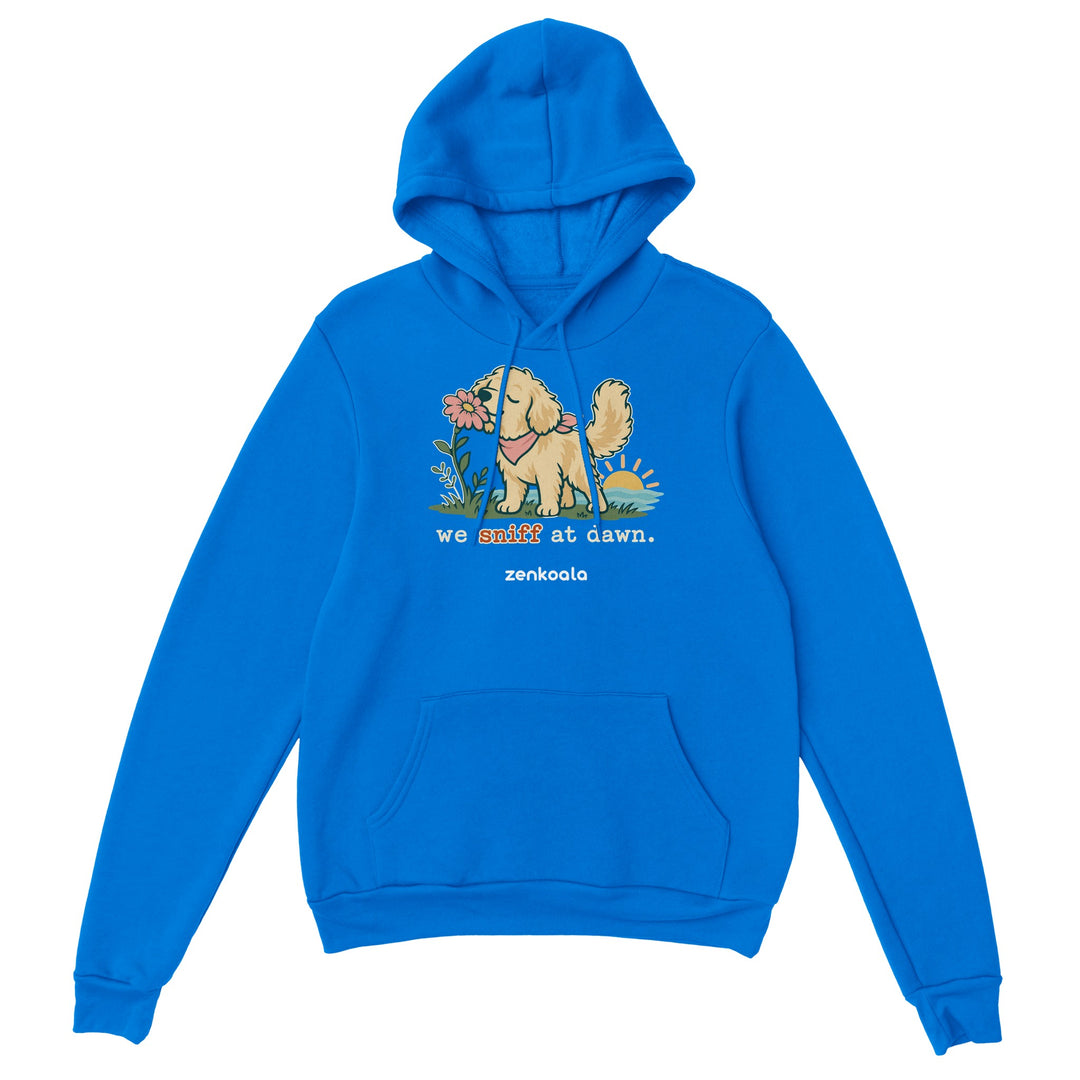 We Sniff at Dawn feel-good hoodie in royal, Zen Koala Australia