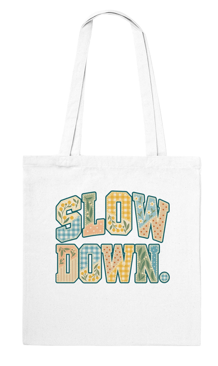 Slow Down Faux Patchwork feel-good tote bag in white, Zen Koala Australia