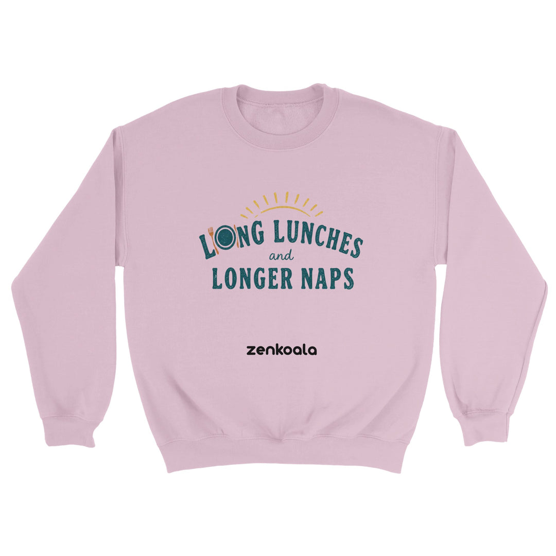 Long Lunches and Longer Naps feel-good sweatshirt in light pink — Zen Koala Australia