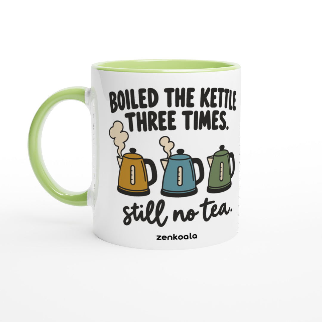 Boiled the Kettle Three Times mug in green: white with a green rim, inside and handle, Zen Koala Australia