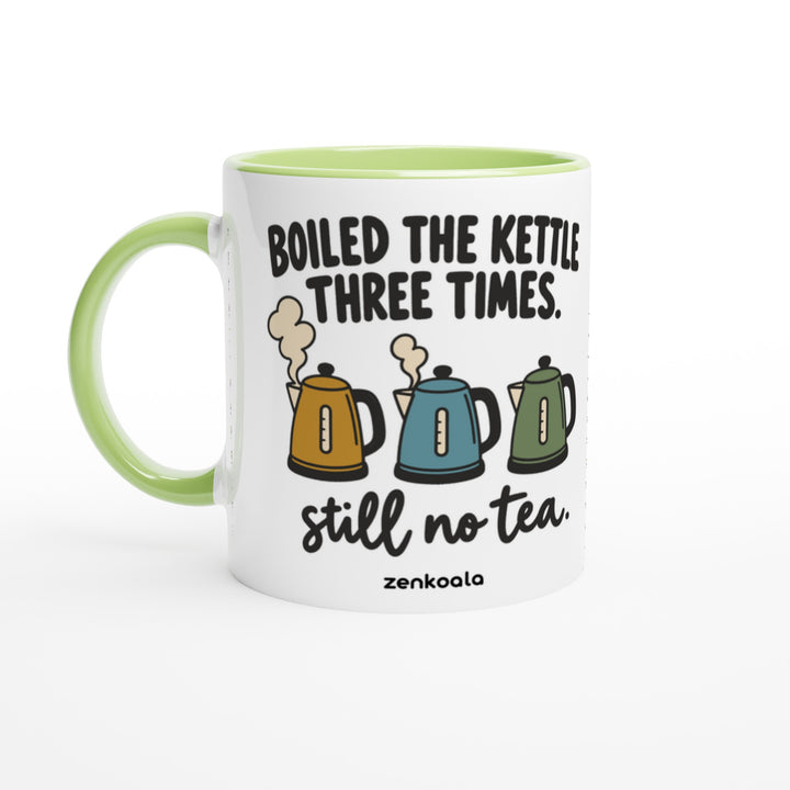 Boiled the Kettle Three Times mug in green: white with a green rim, inside and handle, Zen Koala Australia