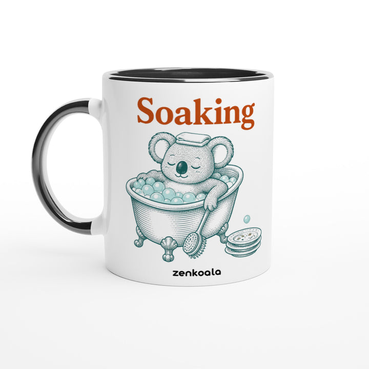 Soaking Koala Bath mug in black: white with a black rim, inside and handle, Zen Koala Australia