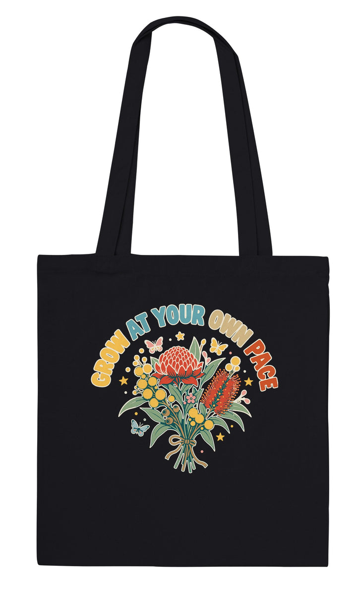 Grow at Your Own Pace feel-good tote bag in black, Zen Koala Australia