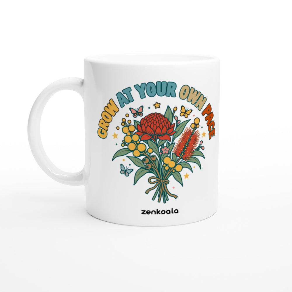 Grow at Your Own Pace mug in all white, Zen Koala Australia