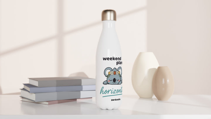 Weekend Plans Horizontal Koala water bottle beside books and vases, Zen Koala Australia