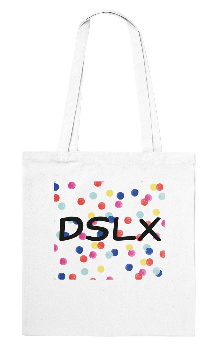 Dyslexia is my SuperPower feel-good tote bag in white: DSLX with confetti dots in every colour, Zen Koala Australia