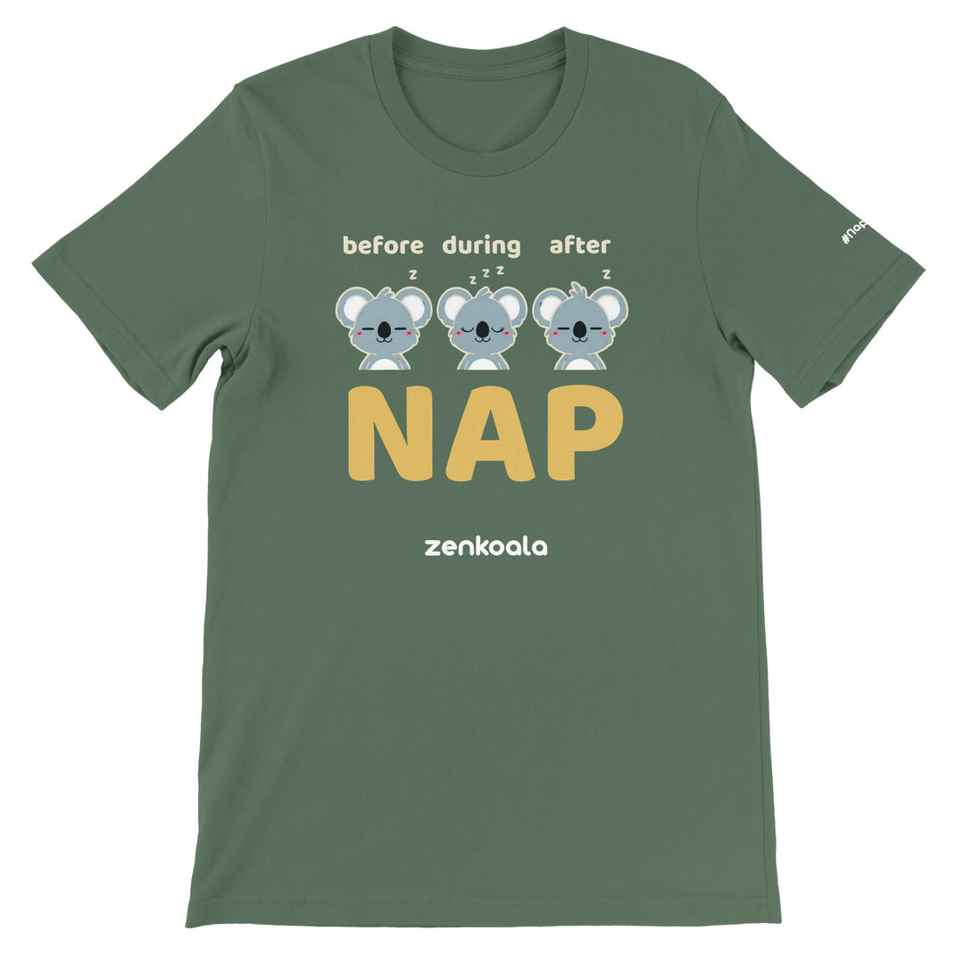 Before Nap Nap After Nap Koala feel-good tee in military green — Zen Koala Australia