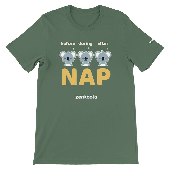 Before Nap Nap After Nap Koala feel-good tee in military green — Zen Koala Australia