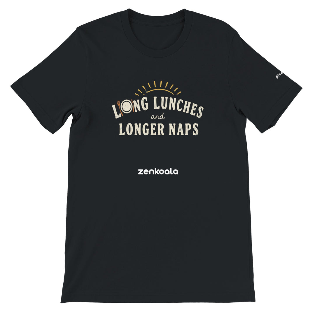 Long Lunches and Longer Naps feel-good tee in black — Zen Koala Australia
