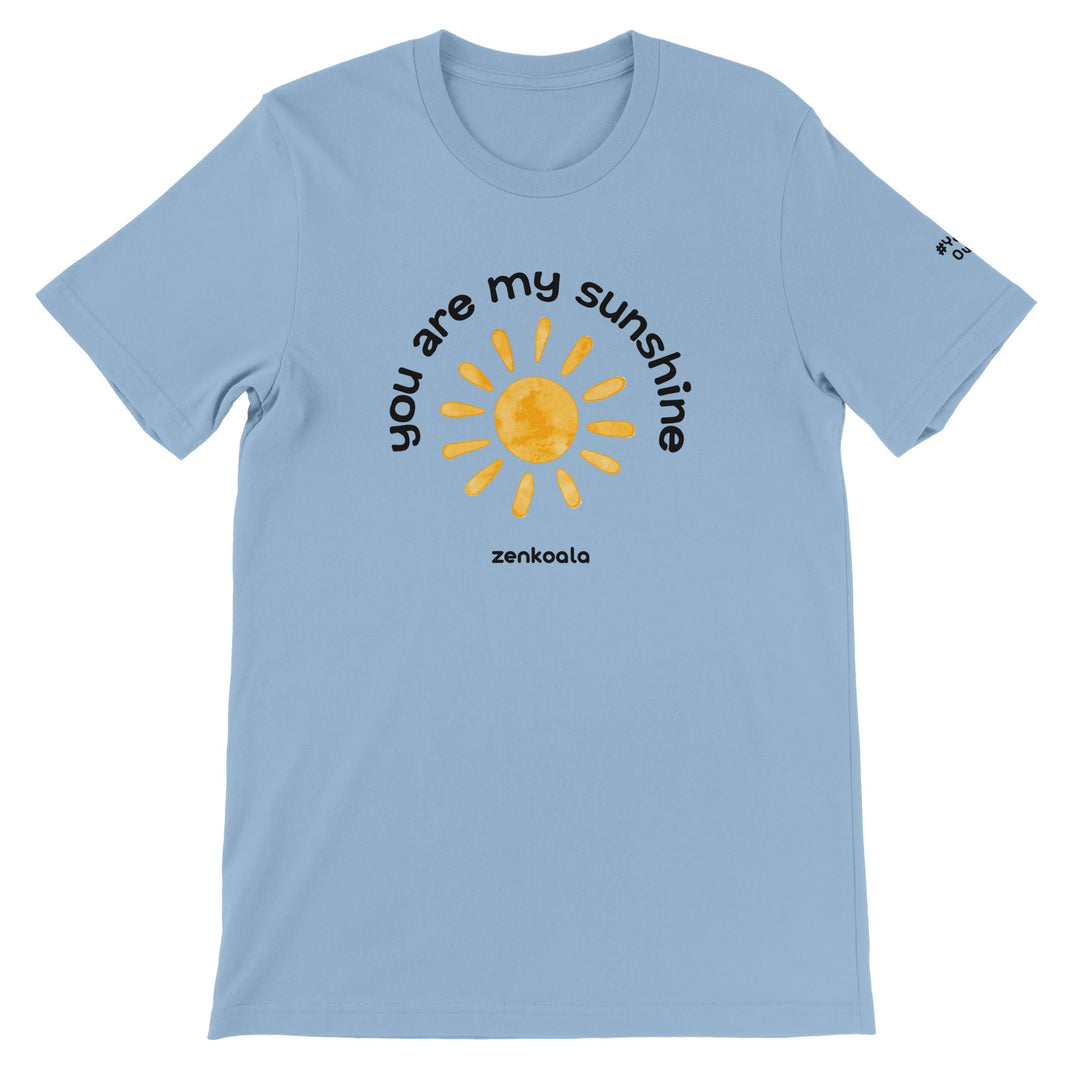 You Are My Sunshine feel-good tee in light blue: a watercolour sun with curled lettering, Zen Koala Australia