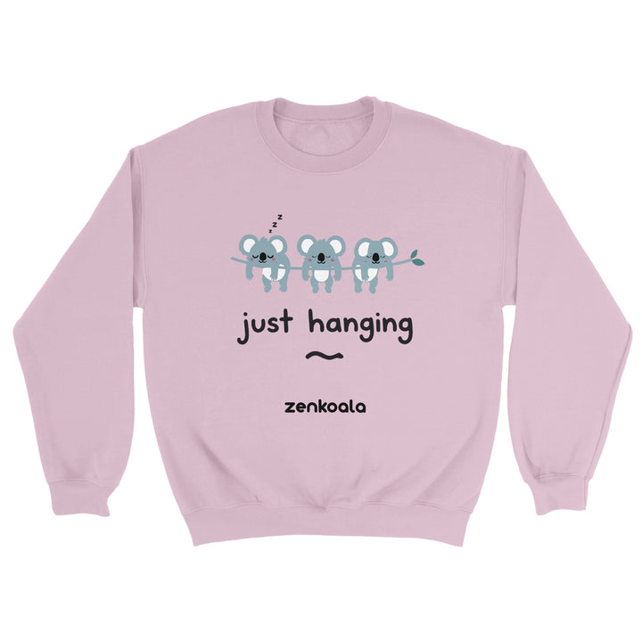 Just Hanging feel-good sweatshirt in light pink — three sleepy koalas on a gum branch, Zen Koala Australia