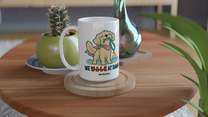 We Walk at Dawn 15oz mug on a wooden table with a cactus, Zen Koala Australia
