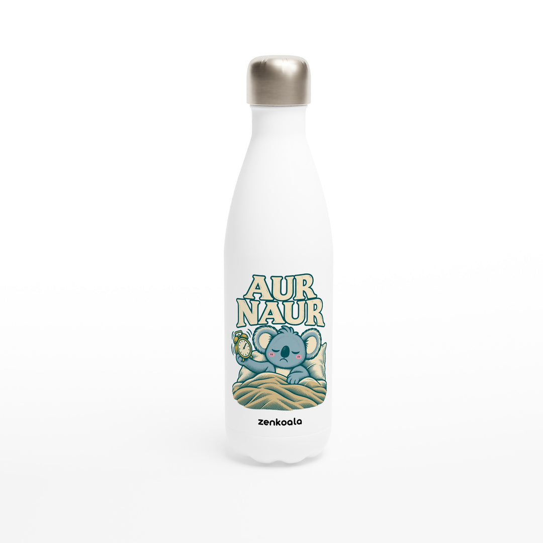 Aur Naur feel-good water bottle: a betrayed koala holding a ringing alarm clock, Zen Koala Australia