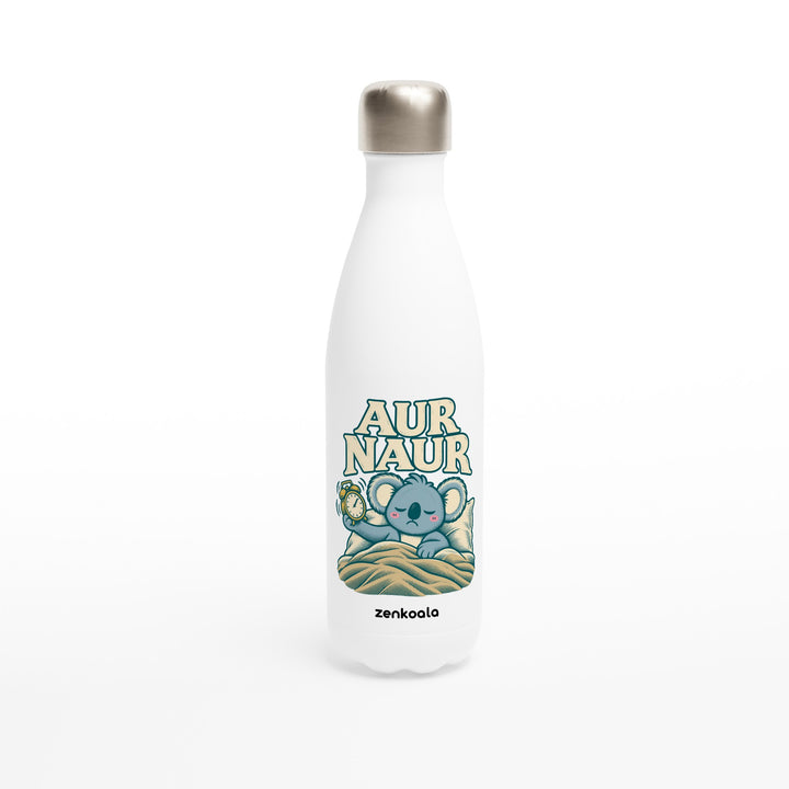 Aur Naur feel-good water bottle: a betrayed koala holding a ringing alarm clock, Zen Koala Australia