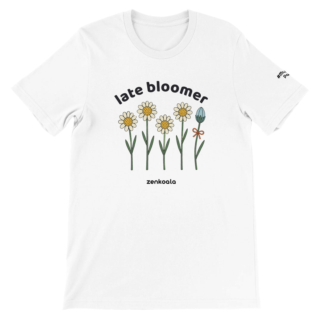 Late Bloomer feel-good tee in white, Zen Koala Australia