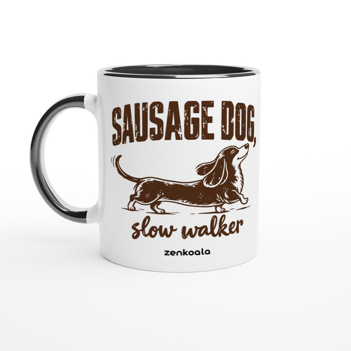 Sausage Dog Slow Walker mug in black: white with a black rim, inside and handle, Zen Koala Australia